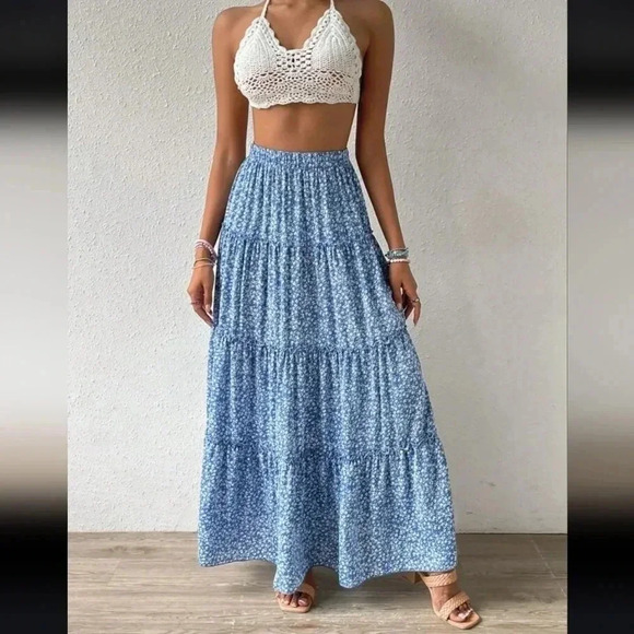 Ditsy Floral Print Frill Trim Summer Beach Ruched Skirt - Picture 4 of 6